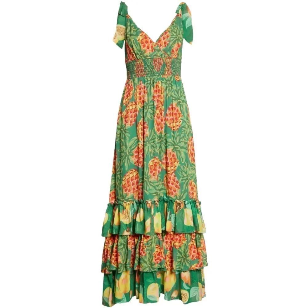 NWT FARM RIO Pineapple Galore Smocked Waist Maxi Dress L - Picture 2 of 11